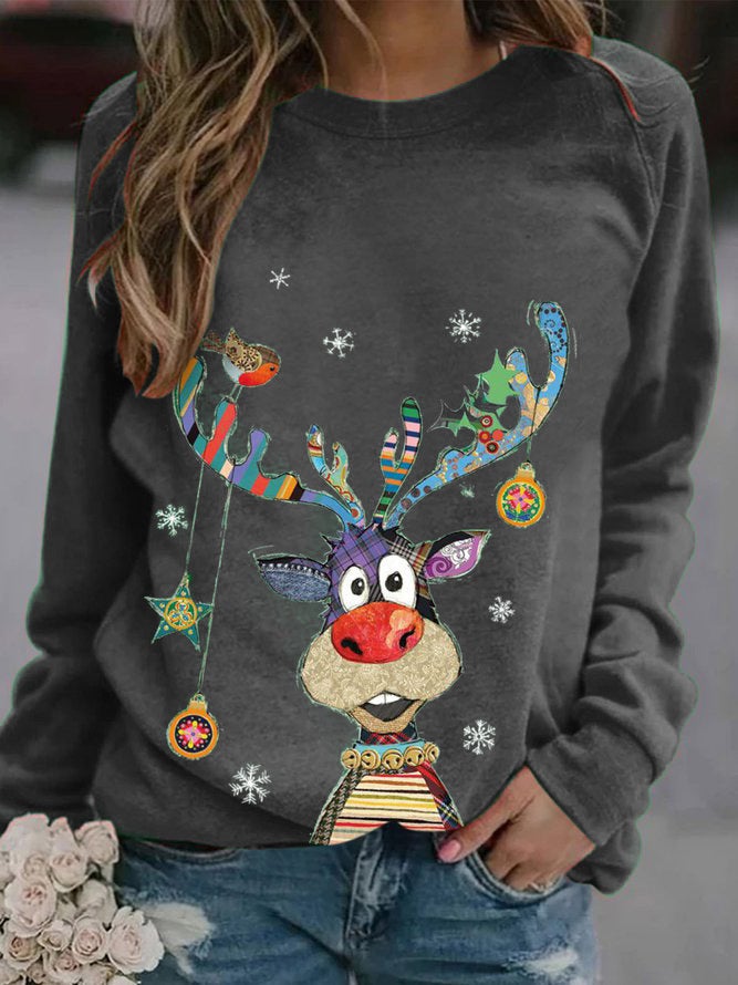 2023Wish Round Neck Pullover Long-Sleeved Casual Christmas Deer Print Loose T-Shirt - Image 1