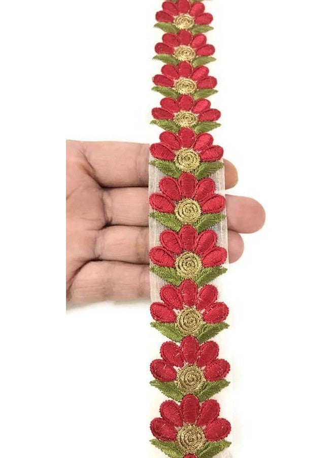 DaSync red Lace Border Materials Embroidered Embroidery Golden red lace Sari Floral Flower Saree Blouse Dress Gown Decoration 9 metre (Red) - Image 2