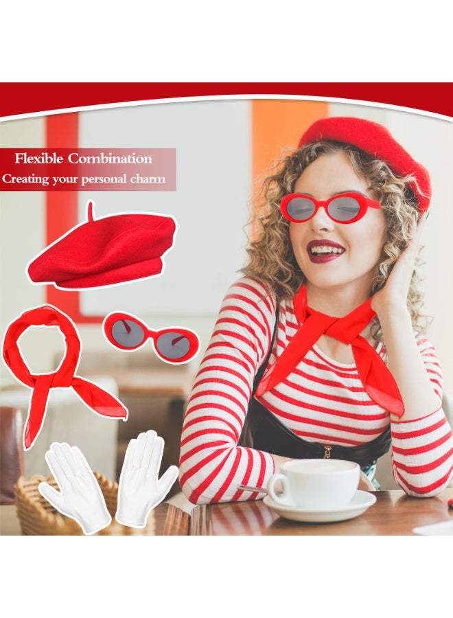 French Women Fancy Dress Costume Accessories Set, 4 Pcs with Red Beret Scarf Sunglasses Gloves, 1950s Retro Costume Accessories Set for Women Girls Cosplay Party Supplies School Dress Up Day - Image 4