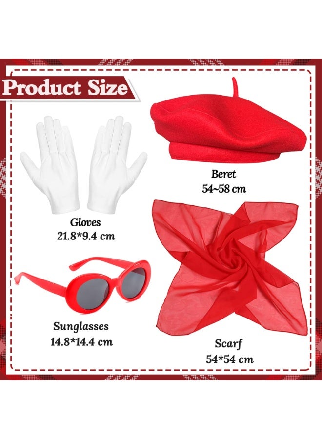 French Women Fancy Dress Costume Accessories Set, 4 Pcs with Red Beret Scarf Sunglasses Gloves, 1950s Retro Costume Accessories Set for Women Girls Cosplay Party Supplies School Dress Up Day - Image 2
