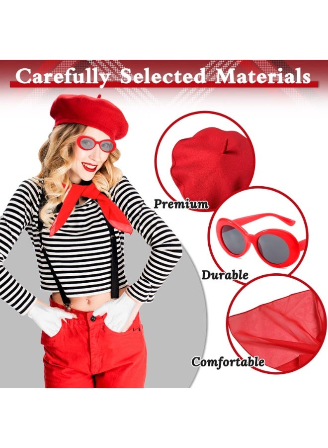French Women Fancy Dress Costume Accessories Set, 4 Pcs with Red Beret Scarf Sunglasses Gloves, 1950s Retro Costume Accessories Set for Women Girls Cosplay Party Supplies School Dress Up Day - Image 5