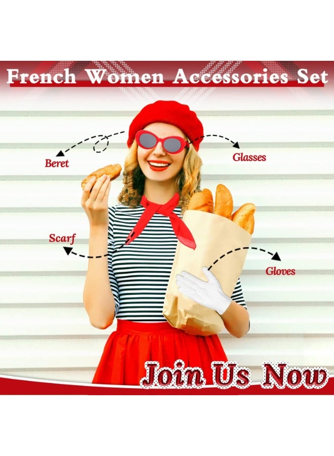 French Women Fancy Dress Costume Accessories Set, 4 Pcs with Red Beret Scarf Sunglasses Gloves, 1950s Retro Costume Accessories Set for Women Girls Cosplay Party Supplies School Dress Up Day - Image 3