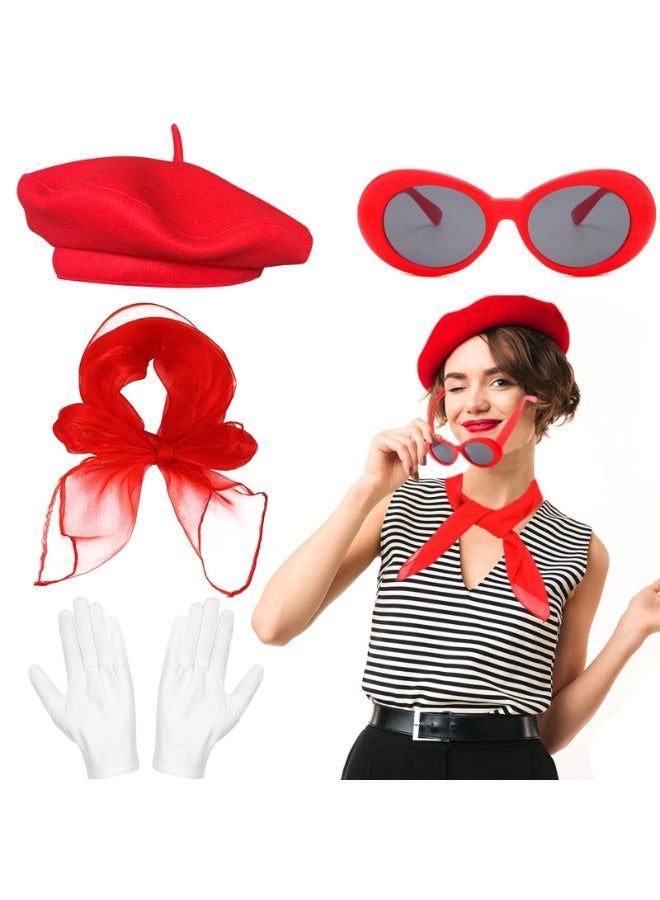 French Women Fancy Dress Costume Accessories Set, 4 Pcs with Red Beret Scarf Sunglasses Gloves, 1950s Retro Costume Accessories Set for Women Girls Cosplay Party Supplies School Dress Up Day - Image 1