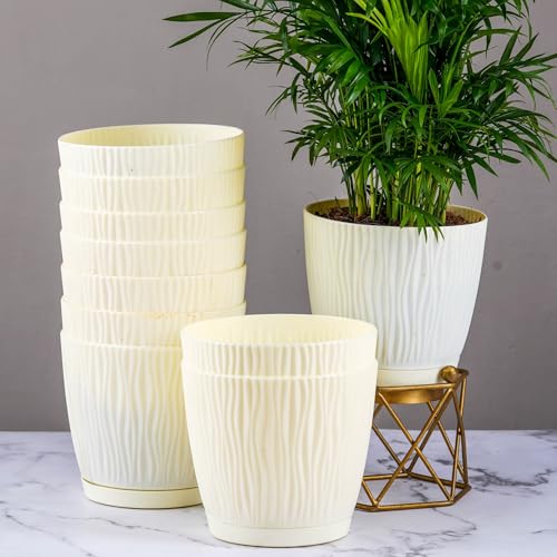 Nurturing Green® Set of 10 Self Watering Pots for Home, Decor & Garden | Flower Pots, Planters for Indoor Plants | Plastic Pots for Living Room (Color: Ivory, Size: 14cm x 12.5cm Each) - Image 1