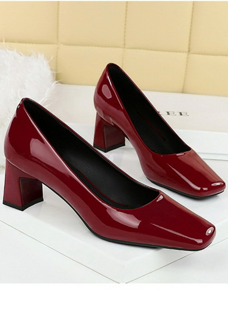 بيج تري المرأة سمينة منتصف الكعب مربع مغلق إصبع القدم براءة اختراع مضخات الجلد الأحمر 5CM - Image 2