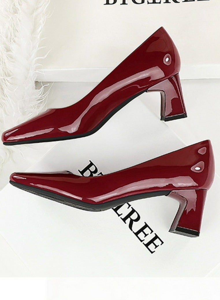 بيج تري المرأة سمينة منتصف الكعب مربع مغلق إصبع القدم براءة اختراع مضخات الجلد الأحمر 5CM - Image 3