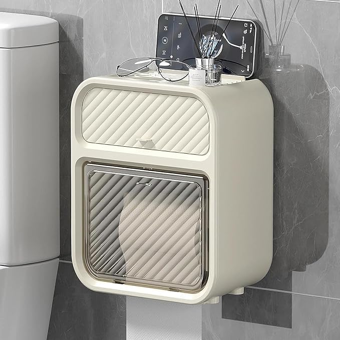 From the Farm From the Farm Wall Mounted Tissue Storage Box - Toilet Paper Box Dispenser with Phone Holder Organizer Drawer Punch-Free Paper Holder Wall-Mounted Toilet Paper Box (Pack of 1) - Image 2