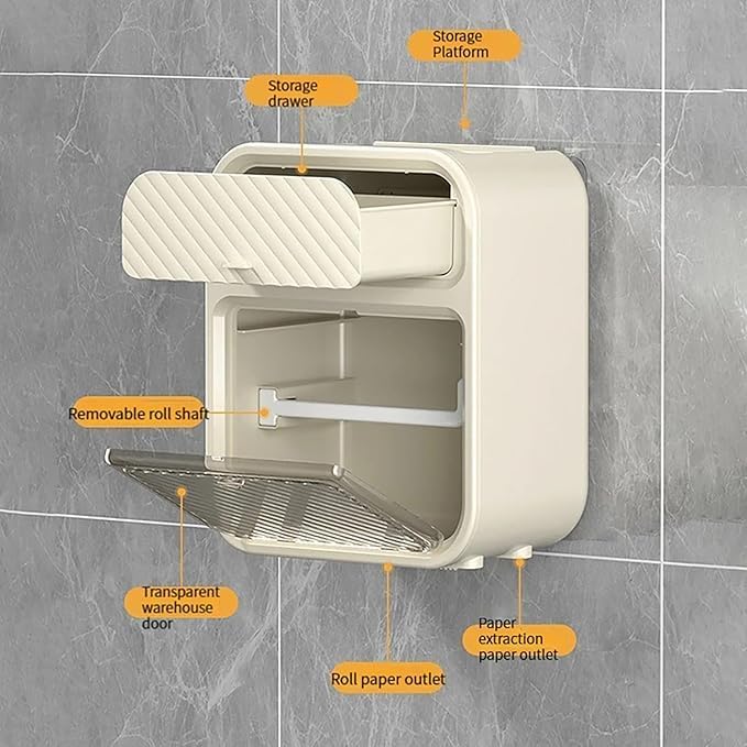From the Farm From the Farm Wall Mounted Tissue Storage Box - Toilet Paper Box Dispenser with Phone Holder Organizer Drawer Punch-Free Paper Holder Wall-Mounted Toilet Paper Box (Pack of 1) - Image 4