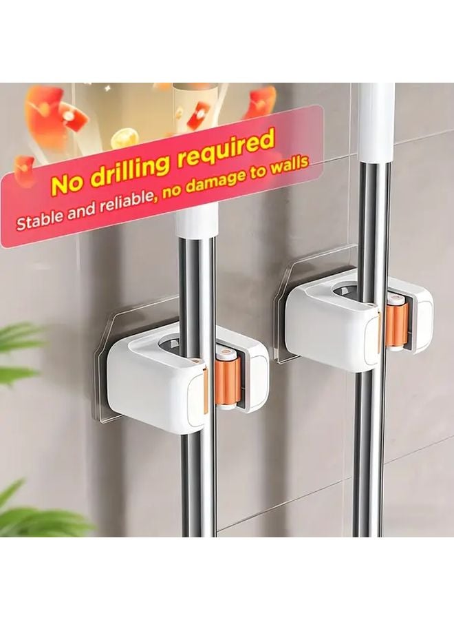 White Orange 2pcs Self Adhesive Mop Broom Holder Wall Mounted Heavy Duty Storage Organizer - Image 2