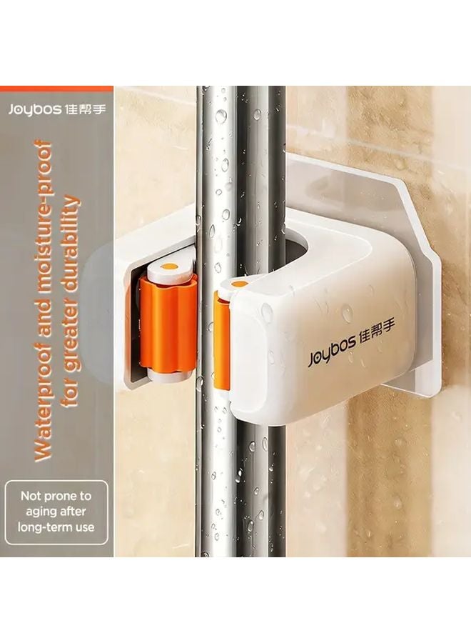 White Orange 2pcs Self Adhesive Mop Broom Holder Wall Mounted Heavy Duty Storage Organizer - Image 1