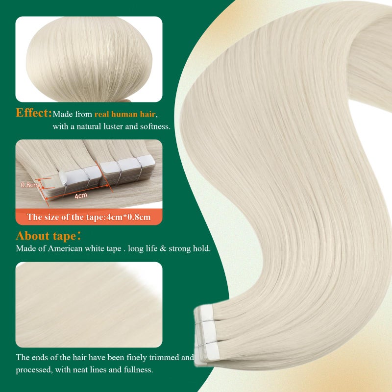 Easyouth Tape in Hair Extensions Blonde Tape in Extensions White Blonde Soft and Smooth Tapes Hair Extension Real Human Hair 18 Inch 20Pcs 40G - Image 4