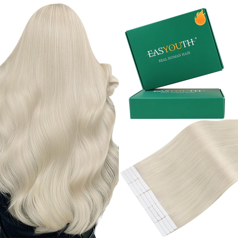 Easyouth Tape in Hair Extensions Blonde Tape in Extensions White Blonde Soft and Smooth Tapes Hair Extension Real Human Hair 18 Inch 20Pcs 40G - Image 1