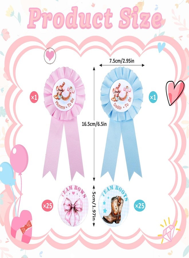 Ohmique 52 Pcs Boots or Bows Gender Reveal Decorations - Mommy & Daddy To Be Badge Pins and 50 Pcs Boots or Bows Gender Reveal Button Pins, Cowboy or Cowgirl Blue and PInk Baby Shower Party Favor Supplies - Image 2