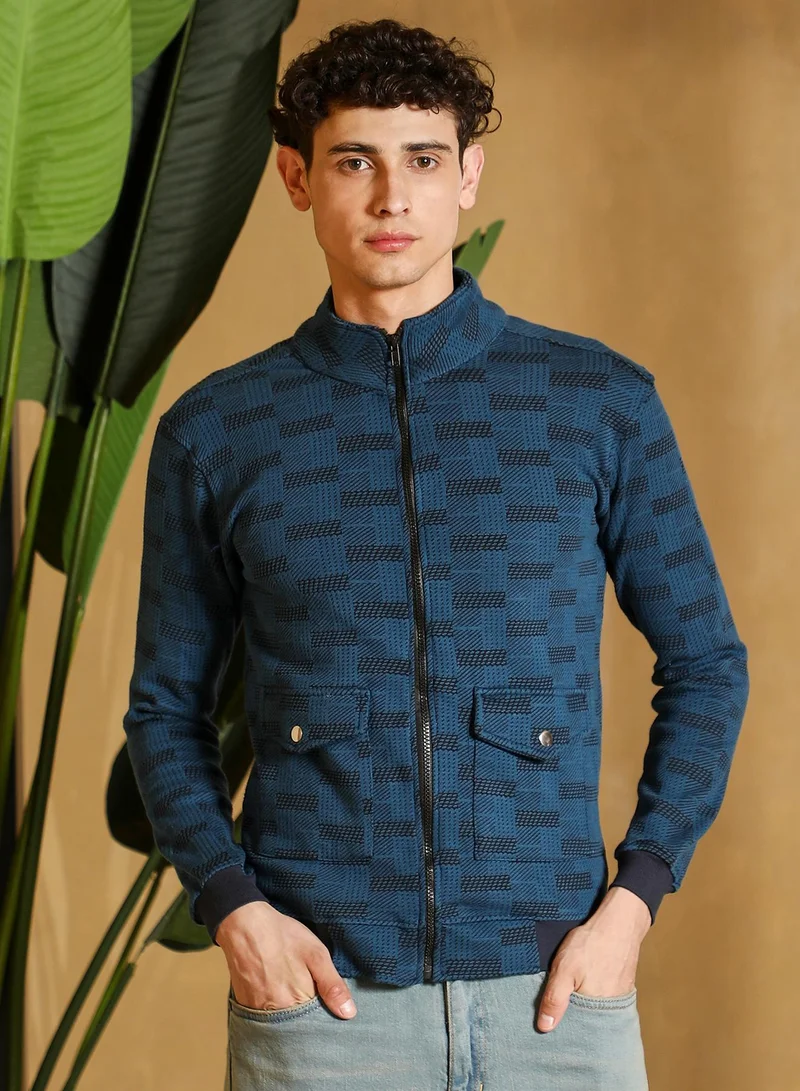 Campus Sutra Men's Zip-Front Geometric-Jacquard Jacket | Stand Collar , Long Ribbed Cuff Sleeves , Zipper Closure , Ribbed-Straight Hem | Geometric Knitted Jacquard For Casual & Daily | Indigo Blue