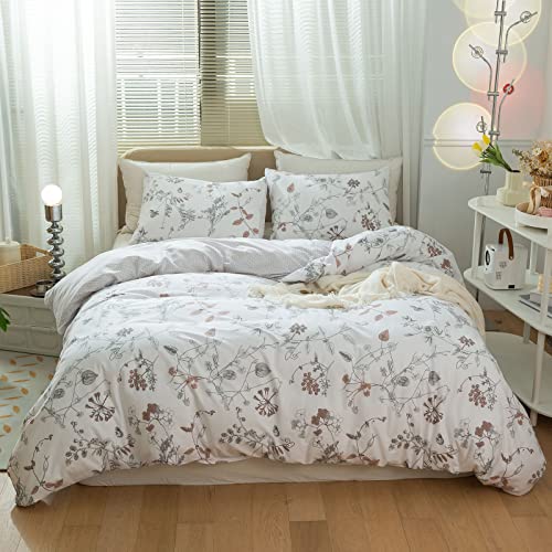 AMWAN Garden Style Chic Floral Duvet Cover Queen Soft Vintage Bedding Set Flower Leaf Botanical Duvet Cover for Girl Women Cotton Garden Comforter Cover with Zipper Closure - Image 1