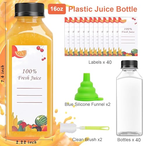OBKJJ 40 pcs 16oz Pcs Juice Bottles, Juice Bottle with Caps Reusable Empty Clear Bottles with Label, Funnel, Brush Bulk Beverage Containers for Juicing, Drinking, Smoothie and Other Beverages (16-OZ) - Image 3