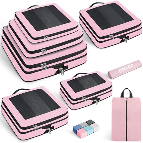Prezon 8 Set/6 Set/4 Set Compression Packing Cubes for Travel, Lightweight Vacation Travel Essentials, Accessories for Suitcase Organizer Bags Set, Durable Luggage Organizer （8-Square-pink） - Image 1