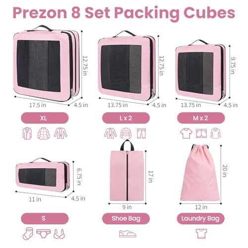 Prezon 8 Set/6 Set/4 Set Compression Packing Cubes for Travel, Lightweight Vacation Travel Essentials, Accessories for Suitcase Organizer Bags Set, Durable Luggage Organizer （8-Square-pink） - Image 3