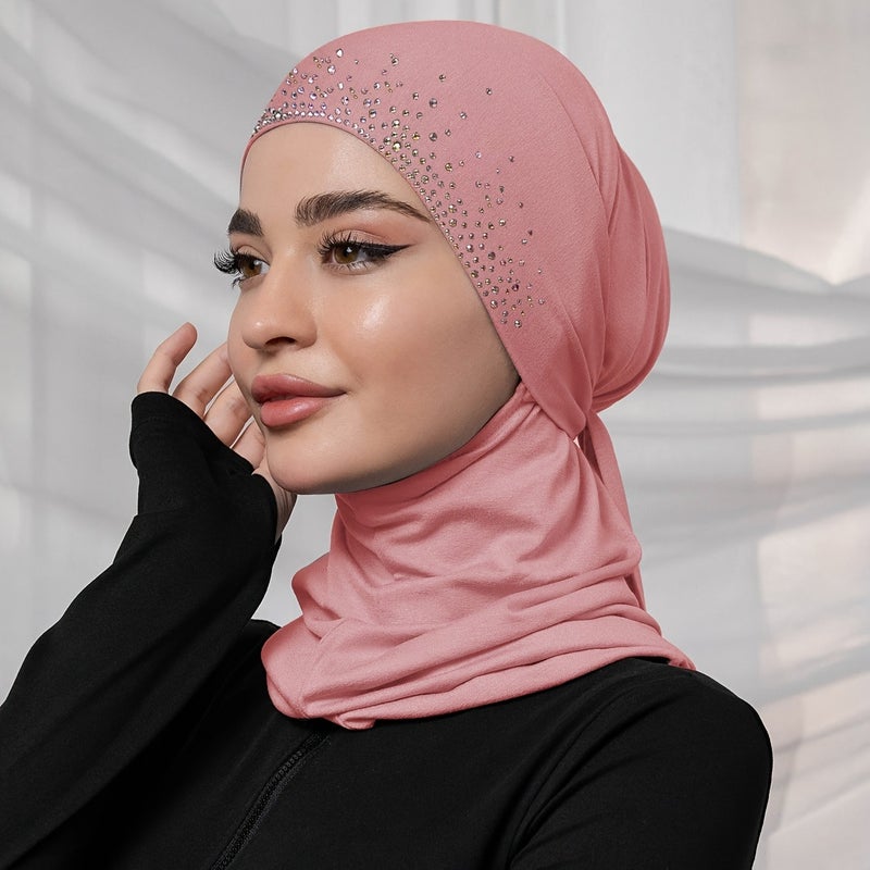 حجاب فوري للنساء مع حجر الراين، وشاح رأس مسلم بلون سادة برباط، مناسب لرمضان والاستخدام اليومي - Image 3