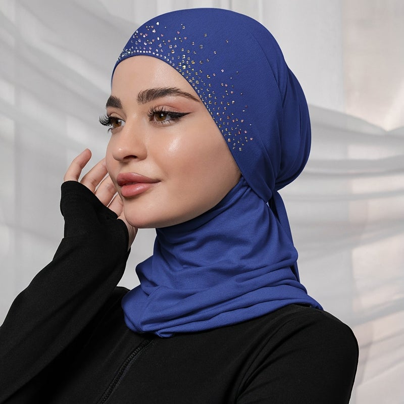 حجاب فوري للنساء مع حجر الراين، وشاح رأس مسلم بلون سادة برباط، مناسب لرمضان والاستخدام اليومي - Image 4