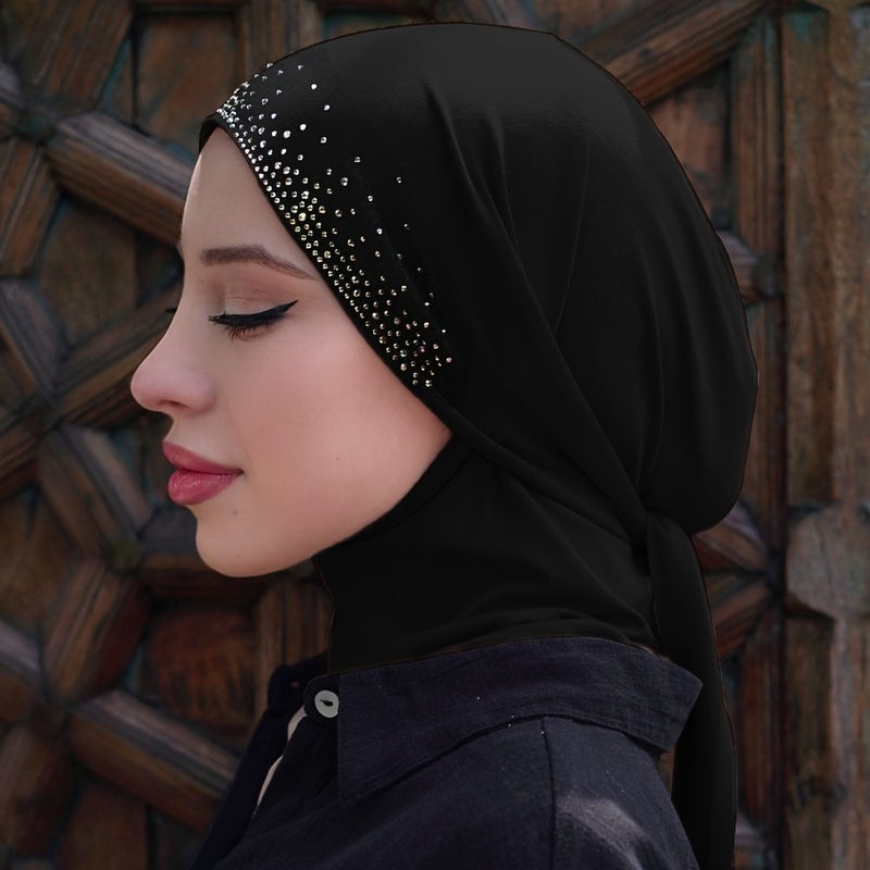 حجاب فوري للنساء مع حجر الراين، وشاح رأس مسلم بلون سادة برباط، مناسب لرمضان والاستخدام اليومي - Image 1