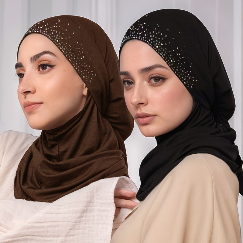 حجاب فوري للنساء مع حجر الراين، وشاح رأس مسلم بلون سادة برباط، مناسب لرمضان والاستخدام اليومي - Image 2