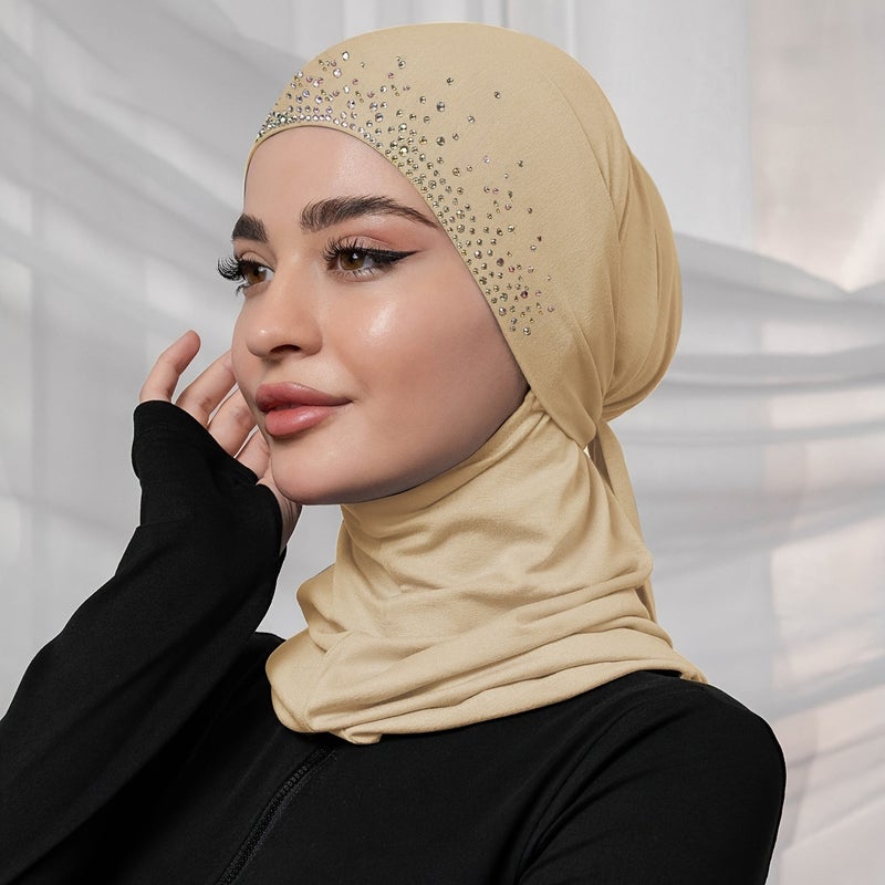 حجاب فوري للنساء مع حجر الراين، وشاح رأس مسلم بلون سادة برباط، مناسب لرمضان والاستخدام اليومي - Image 5