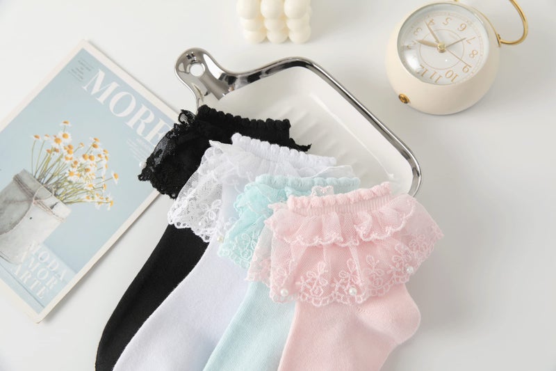 AMHRLINGTO Lace Ruffle Frilly Ankle Socks for Women - Pearl Lace Socks (White-1 Pairs) - Image 3
