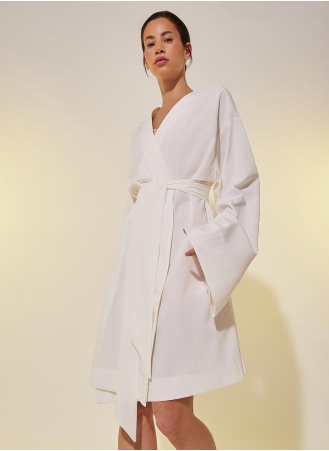Styli White Solid Long Sleeve Robe with Tie Detail  - Image 2
