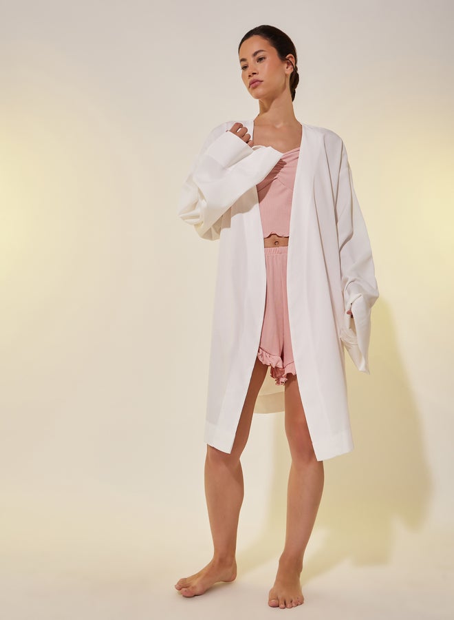 Take Two Take Two White Solid Long Sleeve Robe with Tie Detail  - Image 3