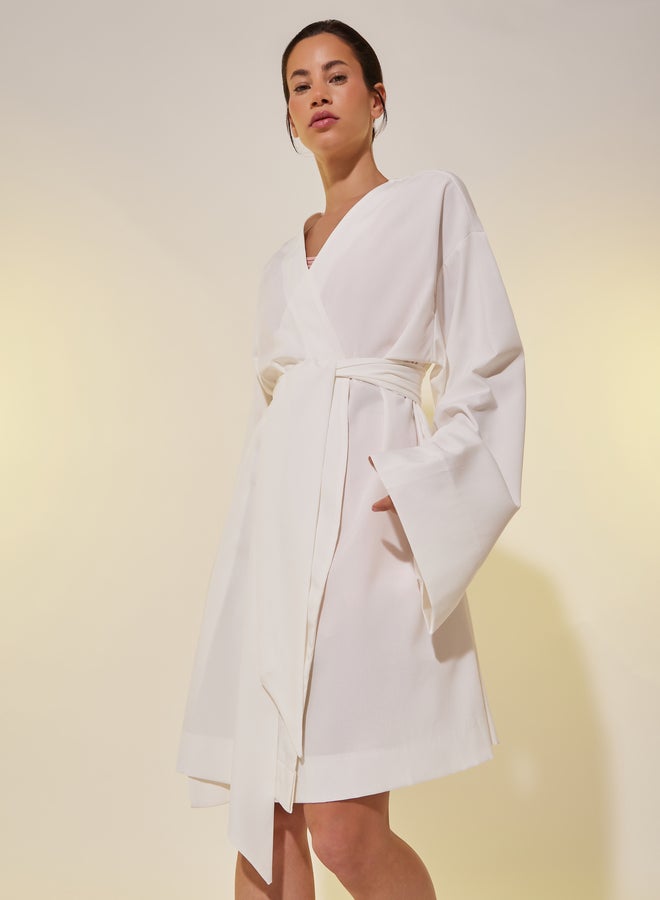 Take Two Take Two White Solid Long Sleeve Robe with Tie Detail  - Image 2