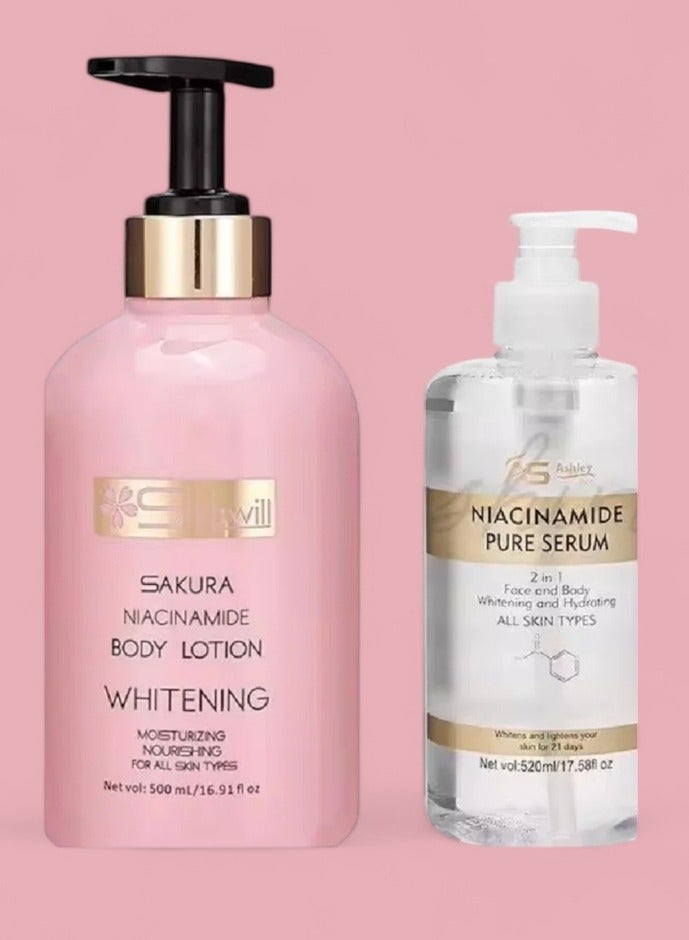 Ashley Ashley Shine Niacinamide Pure Serum 2 in 1 Face & Body Whitening and Hydrating Skin 520ml AND SHAWILL SAKURA NIACINAMIDE BODY LOTION WHITENING 500ML - Image 2
