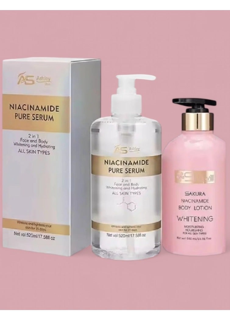 Ashley Ashley Shine Niacinamide Pure Serum 2 in 1 Face & Body Whitening and Hydrating Skin 520ml AND SHAWILL SAKURA NIACINAMIDE BODY LOTION WHITENING 500ML - Image 1