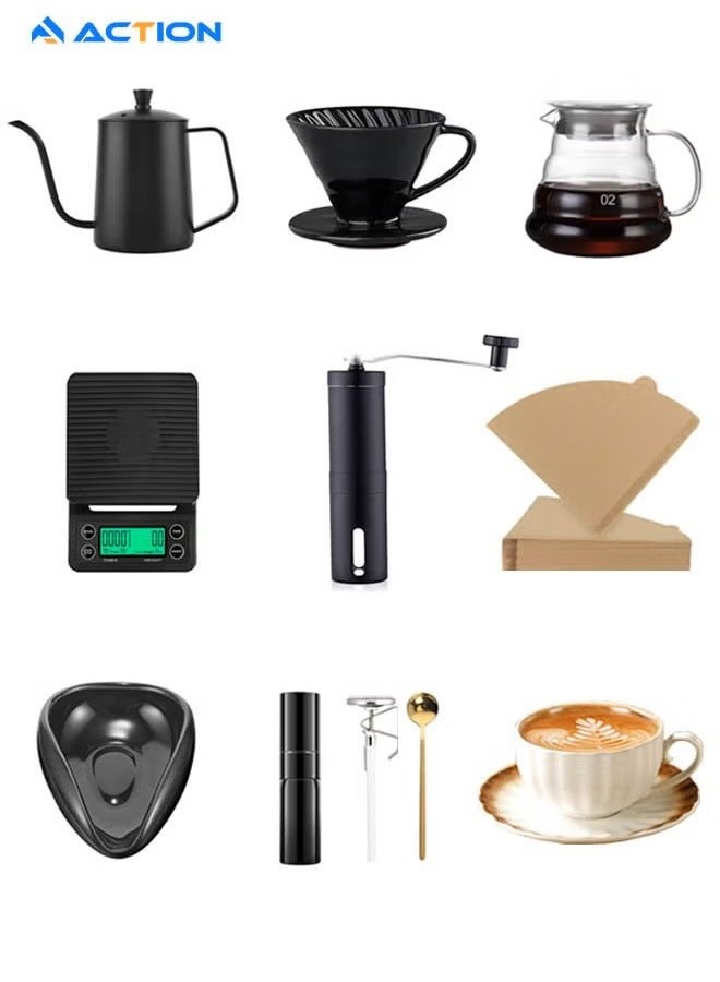 أكشن مجموعة V60 المكونة من 11 قطعة لصنع القهوة بالتنقيط، تتضمن ميزان القهوة، إبريق التنقيط، فلتر القهوة، مطحنة القهوة، قمع التنقيط، إبريق التنقيط اليدوي ذو العنق المنحني، مقياس الحرارة، صينية لوزن حبوب القهوة، زجاجة رذاذ لحبوب القهوة، ملعقة قهوة، وكوب قهوة، مثالية للسفر والتخييم. - Image 1