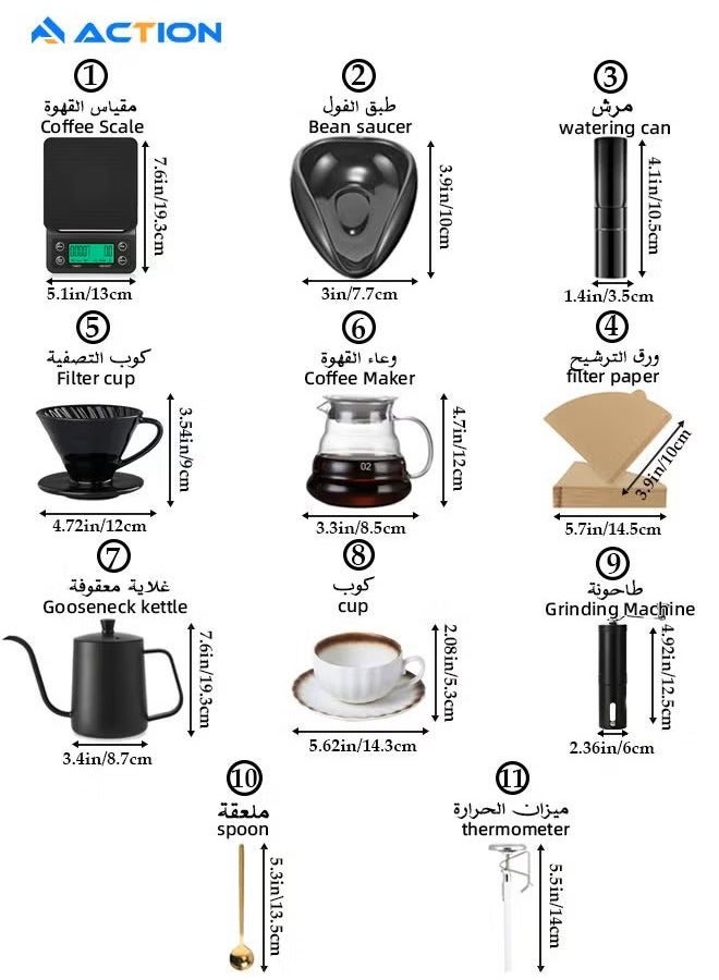 أكشن مجموعة V60 المكونة من 11 قطعة لصنع القهوة بالتنقيط، تتضمن ميزان القهوة، إبريق التنقيط، فلتر القهوة، مطحنة القهوة، قمع التنقيط، إبريق التنقيط اليدوي ذو العنق المنحني، مقياس الحرارة، صينية لوزن حبوب القهوة، زجاجة رذاذ لحبوب القهوة، ملعقة قهوة، وكوب قهوة، مثالية للسفر والتخييم. - Image 2