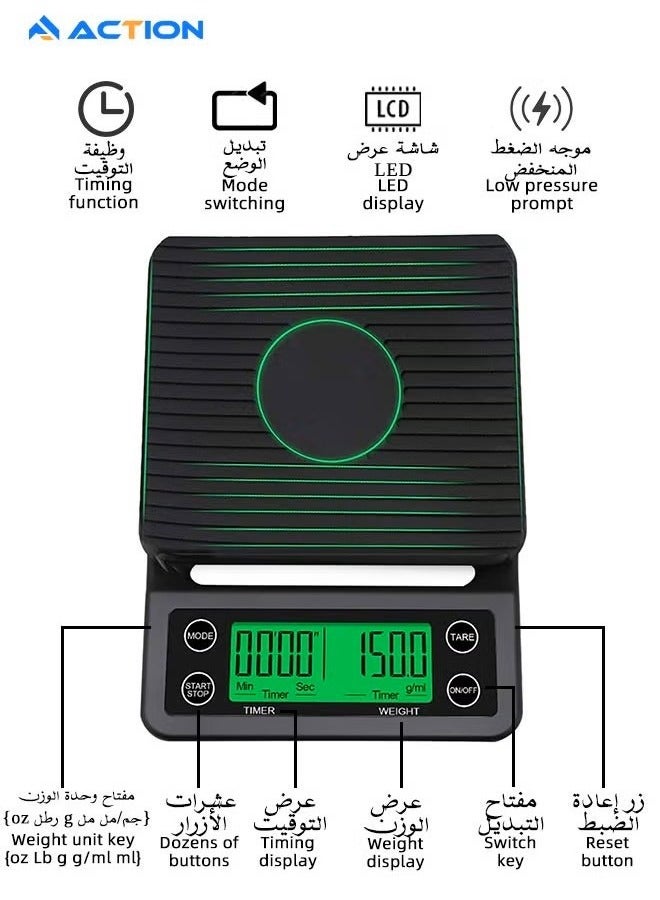 أكشن مجموعة V60 المكونة من 11 قطعة لصنع القهوة بالتنقيط، تتضمن ميزان القهوة، إبريق التنقيط، فلتر القهوة، مطحنة القهوة، قمع التنقيط، إبريق التنقيط اليدوي ذو العنق المنحني، مقياس الحرارة، صينية لوزن حبوب القهوة، زجاجة رذاذ لحبوب القهوة، ملعقة قهوة، وكوب قهوة، مثالية للسفر والتخييم. - Image 3