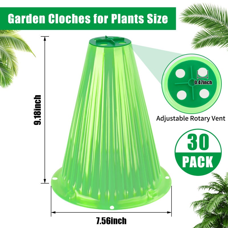 UQM 30 Pack Garden Cloches for Plants, Reusable Bell Plant Protector with Rotary Vent Cover, Garden Protection from Animals Snails Birds Chickens Insect, 9.18" H X 7.56" D (Green) - Image 2