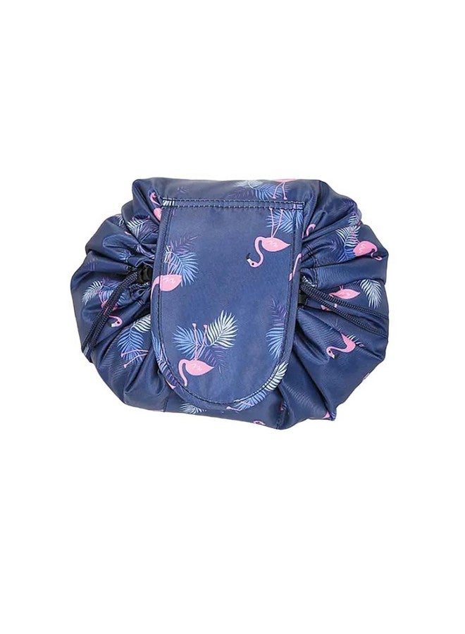 Feinerman Stylish Lazy Drawstring Cosmetic Bag, Waterproof Foldable Travel Makeup Pouch, Large Capacity Toiletry Storage Organizer, Portable Makeup Kit Holder for Women (Blue Famingo) - Image 1