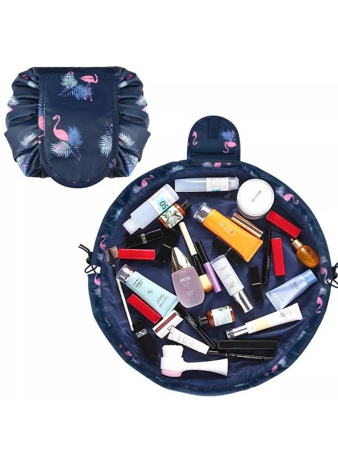 Feinerman Stylish Lazy Drawstring Cosmetic Bag, Waterproof Foldable Travel Makeup Pouch, Large Capacity Toiletry Storage Organizer, Portable Makeup Kit Holder for Women (Blue Famingo) - Image 2