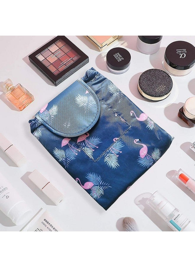 Feinerman Stylish Lazy Drawstring Cosmetic Bag, Waterproof Foldable Travel Makeup Pouch, Large Capacity Toiletry Storage Organizer, Portable Makeup Kit Holder for Women (Blue Famingo) - Image 4