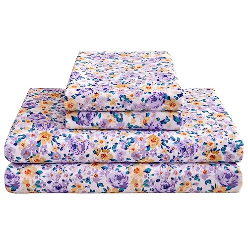 Mooreeke Floral Queen Bed Sheets, Soft Microfiber Printed Bedding Sheets & Pillowcases, Deep Pocket Non-Slip Vintage Queen Sheet, Purple Yellow Flower Pattern Bedsheets - Image 1