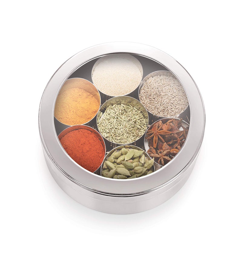 Komal Stainless Steel See Through Masala box for Kitchen | Spice Box | Spice Organiser | Masala Daani | Round Masala Dabba with 7 Containers| Silver - Image 2