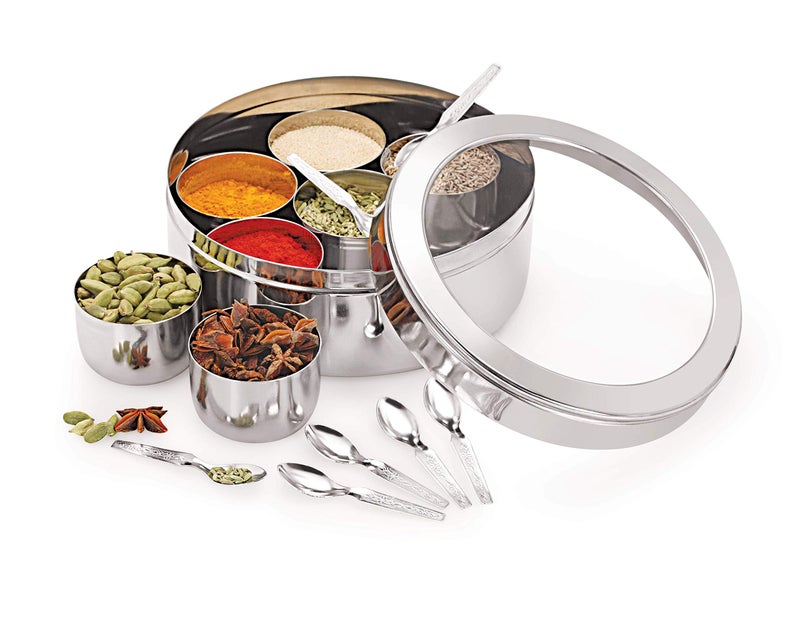 Komal Stainless Steel See Through Masala box for Kitchen | Spice Box | Spice Organiser | Masala Daani | Round Masala Dabba with 7 Containers| Silver - Image 3