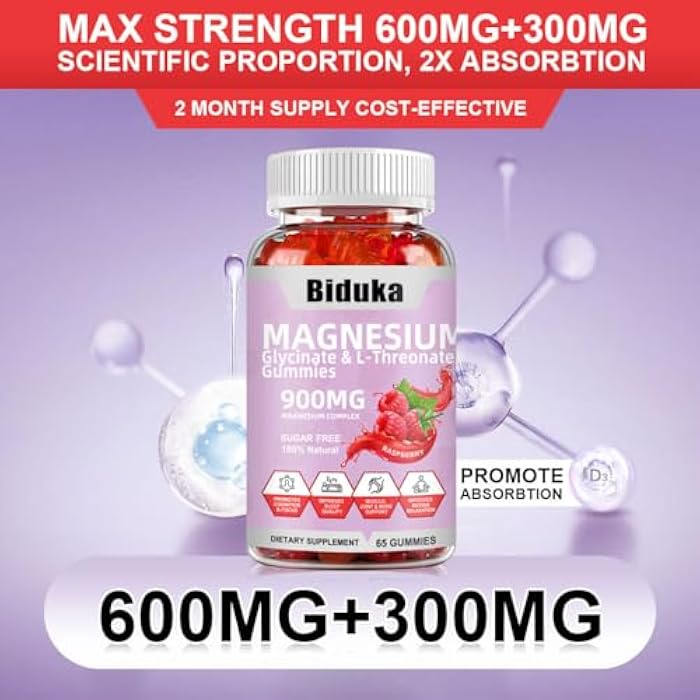 Biduka 900mg Magnesium Glycinate Gummies, 65 Count, Sugar Free Magnesium Complex with L-Threonate, Potassium, Vitamin D, B6, CoQ10 Supplement for Relaxation, Raspberry Flavor - Image 4