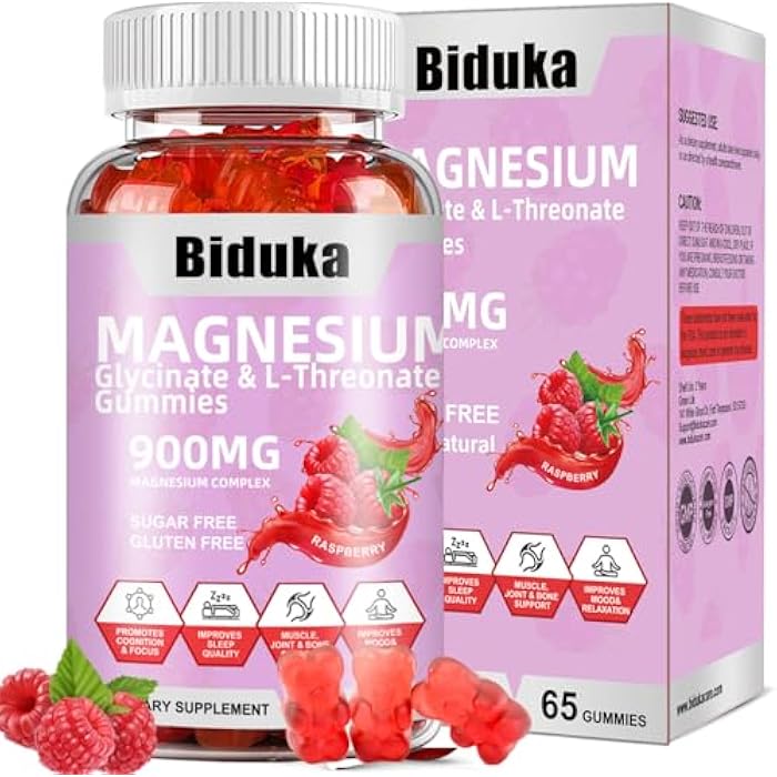 Biduka 900mg Magnesium Glycinate Gummies, 65 Count, Sugar Free Magnesium Complex with L-Threonate, Potassium, Vitamin D, B6, CoQ10 Supplement for Relaxation, Raspberry Flavor - Image 1