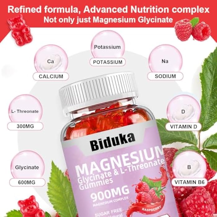 Biduka 900mg Magnesium Glycinate Gummies, 65 Count, Sugar Free Magnesium Complex with L-Threonate, Potassium, Vitamin D, B6, CoQ10 Supplement for Relaxation, Raspberry Flavor - Image 5