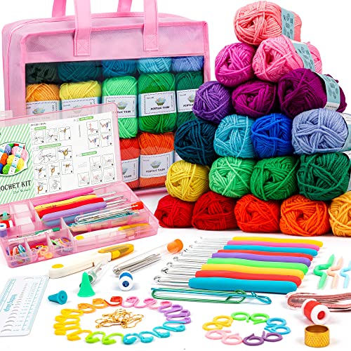Crochet Yarn Kit for Beginners Adults and Kids Includes 1650 Yards 30 Colors Acrylic Skeins User Manual Hooks Pink Bag etc Make Amigurumi Crocheting Projects Starter Set for Professionals