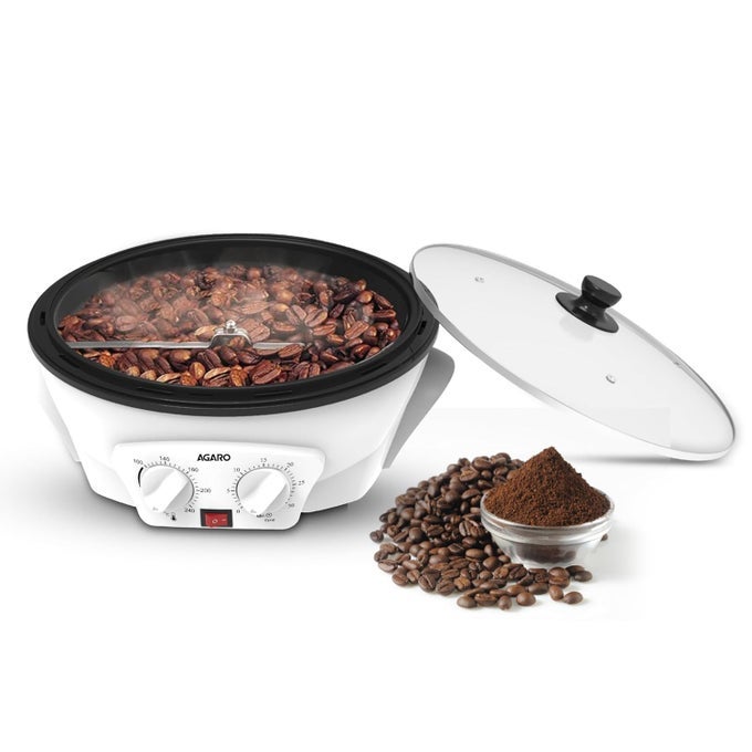 REGAL COFFEE ROASTER 750 GRAMS CAPACITY 283MM DIA CERAMIC COATED INNER PAN 3 ROASTING EFFECT WITH ADJUSTABLE TEMPERATURE TIMER 1200W STAINLESS STEEL BLADE TOUGHENED GLASS LID WHITE