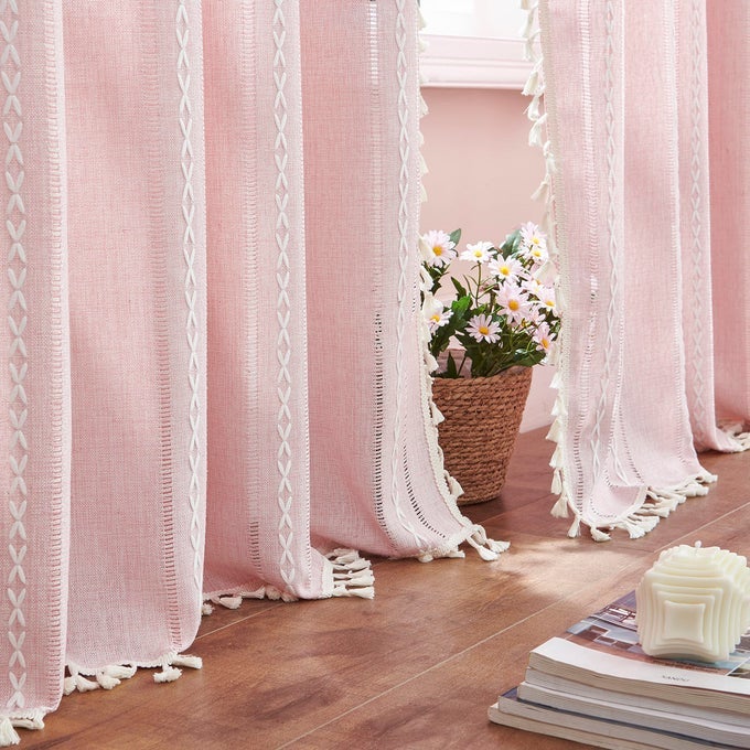 LINEN BOHO CURTAINS CUTE EMBROIDERED PINK CURTAINS FOR GIRLS BEDROOM NURSERY ROOM 84 INCHES LONG 2 PANELS LIGHT FILTERING FARMHOUSE CURTAINS FOR LIVING ROOM ROD POCKET DRAPES 52 W X 84 LPINK