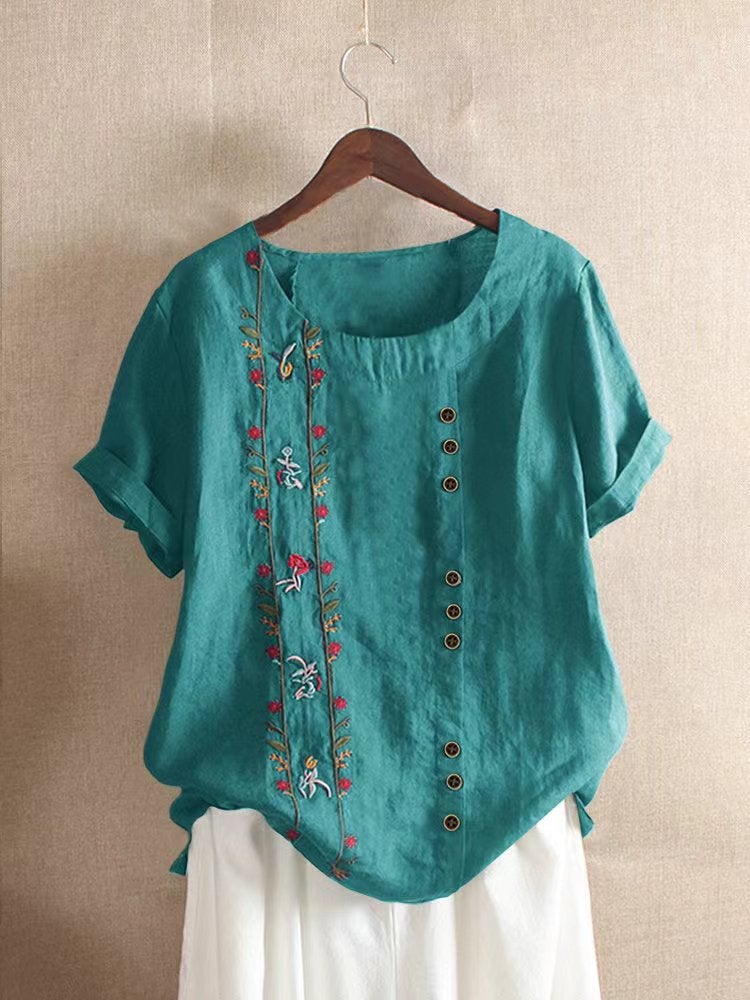 Spot Real S 2024 Wish Women'S Embroidered Flower Retro Cotton And Linen Short-Sleeved T-Shirt For Women - Image 1